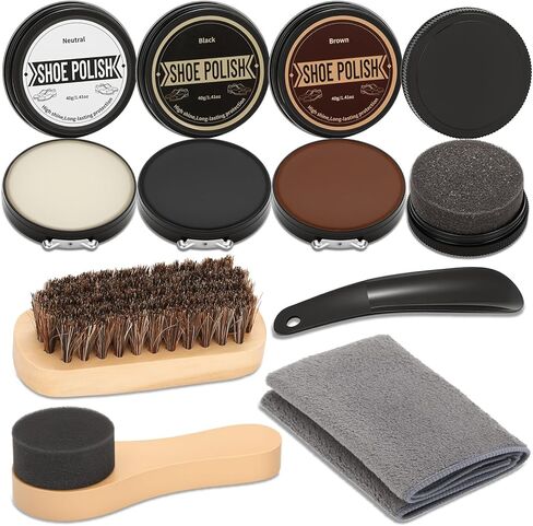 مجموعة تلميع الأحذية الجلدية مكونة من 8 قطع - مجموعة تلميع الأحذية كهدية للرجال مع طلاء أحذية محايد باللون الأسود والبني، وفرشاة تلميع الأحذية المصنوعة من شعر الخيل، ومجموعة تنظيف الأحذية المصنوعة من القماش والإسفنج اللامع للأحذية الجلدية in Kuwait