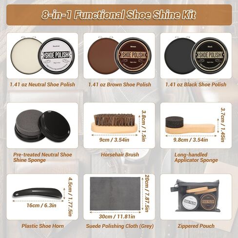 مجموعة تلميع الأحذية الجلدية مكونة من 8 قطع - مجموعة تلميع الأحذية كهدية للرجال مع طلاء أحذية محايد باللون الأسود والبني، وفرشاة تلميع الأحذية المصنوعة من شعر الخيل، ومجموعة تنظيف الأحذية المصنوعة من القماش والإسفنج اللامع للأحذية الجلدية in Kuwait