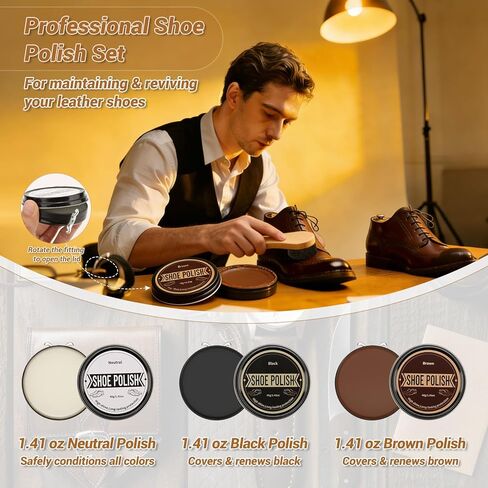 مجموعة تلميع الأحذية الجلدية مكونة من 8 قطع - مجموعة تلميع الأحذية كهدية للرجال مع طلاء أحذية محايد باللون الأسود والبني، وفرشاة تلميع الأحذية المصنوعة من شعر الخيل، ومجموعة تنظيف الأحذية المصنوعة من القماش والإسفنج اللامع للأحذية الجلدية in Kuwait