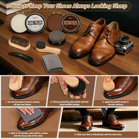 مجموعة تلميع الأحذية الجلدية مكونة من 8 قطع - مجموعة تلميع الأحذية كهدية للرجال مع طلاء أحذية محايد باللون الأسود والبني، وفرشاة تلميع الأحذية المصنوعة من شعر الخيل، ومجموعة تنظيف الأحذية المصنوعة من القماش والإسفنج اللامع للأحذية الجلدية in Kuwait