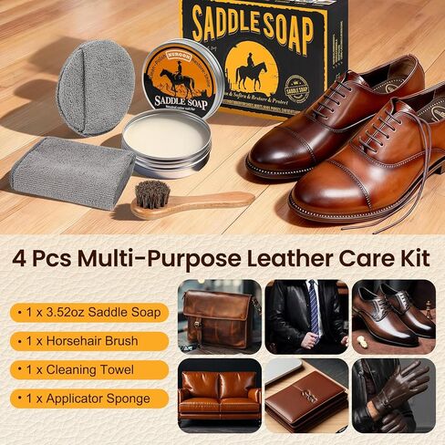 4 Pcs Leather Cleaner Boots Shoes Cleaning Kit-3.52oz Saddle Soap for Leather Items Cleaning, Including One Horsehair Shoes Polish Brush, Shine Cloth and Sponge Pad in Saudi Arabia