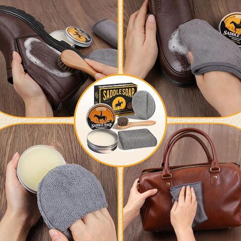 4 Pcs Leather Cleaner Boots Shoes Cleaning Kit-3.52oz Saddle Soap for Leather Items Cleaning, Including One Horsehair Shoes Polish Brush, Shine Cloth and Sponge Pad in Saudi Arabia