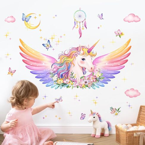 Unicorn Wall Decals for Girls Room - Fantastic Unicorn Wing Flower Vinyl Wall Stickers for Kids Baby Nursery Girls Bedroom Decor in Saudi Arabia