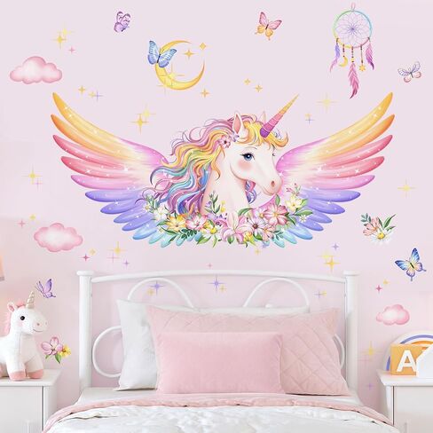 Unicorn Wall Decals for Girls Room - Fantastic Unicorn Wing Flower Vinyl Wall Stickers for Kids Baby Nursery Girls Bedroom Decor in Saudi Arabia