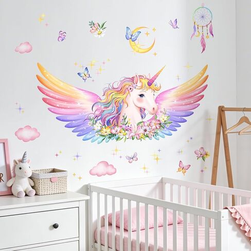 Unicorn Wall Decals for Girls Room - Fantastic Unicorn Wing Flower Vinyl Wall Stickers for Kids Baby Nursery Girls Bedroom Decor in Saudi Arabia