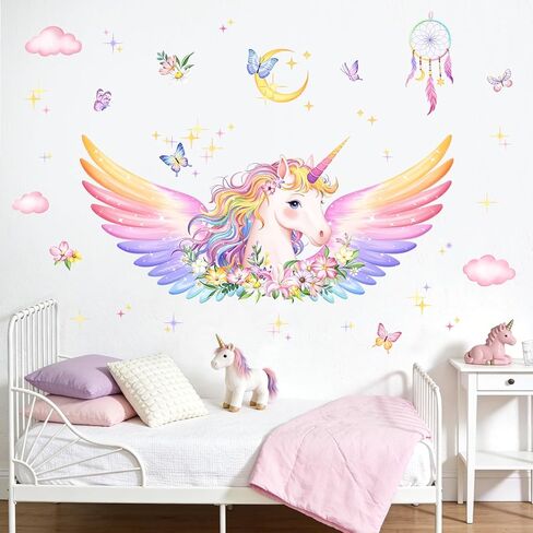 Unicorn Wall Decals for Girls Room - Fantastic Unicorn Wing Flower Vinyl Wall Stickers for Kids Baby Nursery Girls Bedroom Decor in Saudi Arabia
