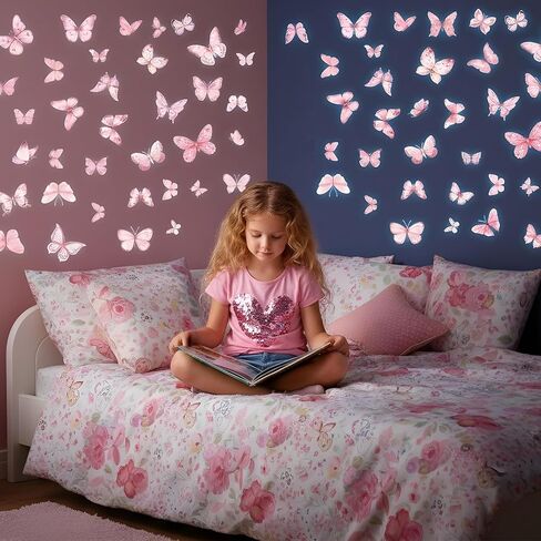 65 Pcs Glow in The Dark Wall Decals, Luminous Butterfly Wall Decor, Watercolor Butterfly Wall Sticker for Living Room Bedroom Dining Room in Kuwait