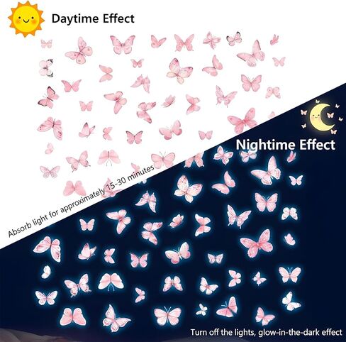 65 Pcs Glow in The Dark Wall Decals, Luminous Butterfly Wall Decor, Watercolor Butterfly Wall Sticker for Living Room Bedroom Dining Room in Kuwait