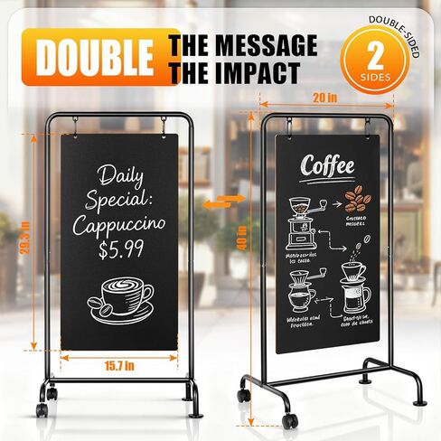 4 لافتة سبورة معدنية بإطار على شكل حرف A مع عجلات، لوحة ساندويتش كبيرة مزدوجة الجوانب مقاس 40 بوصة × 20 بوصة، حامل مقاوم للطقس ومستقر للمطاعم والمقهى والأعمال التجارية والزفاف in Kuwait