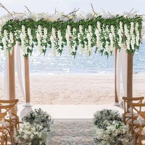 Wisteria Garland Artificial Flowers Floral Vines White 6.56 ft Silk Fake Wisteria Flowers Garlands Hanging Flower for House Outdoor Garden Ceremony Outside Wedding Arch Floral Decor in Kuwait