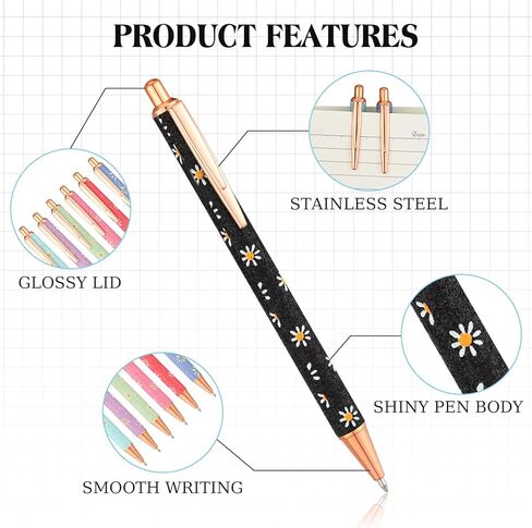 Jutom 16 Pcs Daisy Pen for Women Girls Fancy Pens Glitter Pretty Cute Floral Pens Retractable for School Students Teacher Gifts Office Supplies, Black Ink Medium Point 1.0 mm in Saudi Arabia