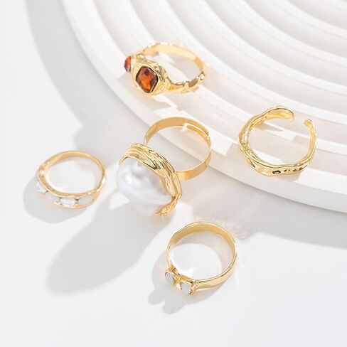 Chunky Baroque Pearl Knuckle Rings Set,Charming Dainty Crystal Pearl Personalized Joint Ring,Vintage Plated Gold Flower Midi Rings Set for Women in Kuwait