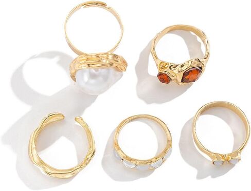 Chunky Baroque Pearl Knuckle Rings Set,Charming Dainty Crystal Pearl Personalized Joint Ring,Vintage Plated Gold Flower Midi Rings Set for Women in Kuwait