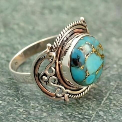 Vintage Synthetic Turquoise Hollow Pattern Two Tone Ring for Women Party Vacation Bohemian Jewelry in Saudi Arabia