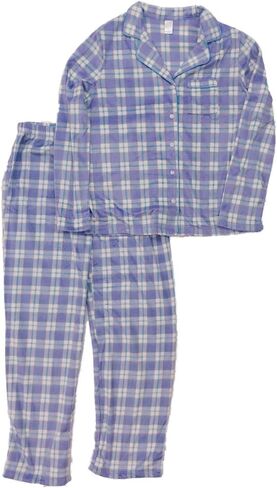 Adonna Womens Purple & Blue Plaid Fleece Pajamas Button Front Sleepwear Set in Saudi Arabia