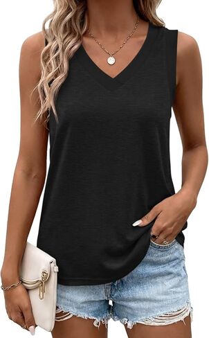 EADINVE Womens V Neck Tank Tops Summer Casual Ribbed Trim Sleeveless Loose Fit Tunic Tops Shirts 2025 in Kuwait
