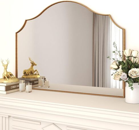 Gold Arched Vanity Mirror, 29"x39" Modern Minimalist Wall Mounted Bathroom Mirror for Living Room, Bedroom, Fireplace, Hallway Mantle, Dresser, Entryway Home Wall Mirrors Decorative in Saudi Arabia