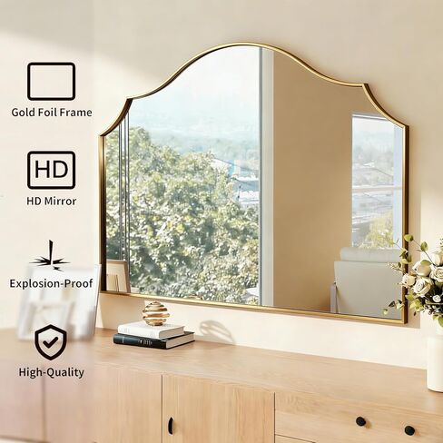 Gold Arched Vanity Mirror, 29"x39" Modern Minimalist Wall Mounted Bathroom Mirror for Living Room, Bedroom, Fireplace, Hallway Mantle, Dresser, Entryway Home Wall Mirrors Decorative in Saudi Arabia