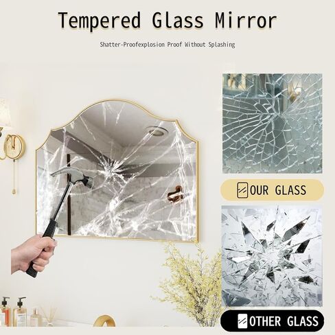 Gold Arched Vanity Mirror, 29"x39" Modern Minimalist Wall Mounted Bathroom Mirror for Living Room, Bedroom, Fireplace, Hallway Mantle, Dresser, Entryway Home Wall Mirrors Decorative in Saudi Arabia
