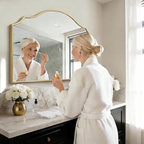 Gold Arched Vanity Mirror, 29"x39" Modern Minimalist Wall Mounted Bathroom Mirror for Living Room, Bedroom, Fireplace, Hallway Mantle, Dresser, Entryway Home Wall Mirrors Decorative in Saudi Arabia