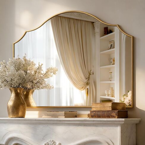 Gold Arched Vanity Mirror, 29"x39" Modern Minimalist Wall Mounted Bathroom Mirror for Living Room, Bedroom, Fireplace, Hallway Mantle, Dresser, Entryway Home Wall Mirrors Decorative in Saudi Arabia
