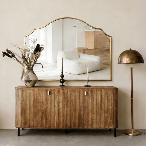 Gold Arched Vanity Mirror, 29"x39" Modern Minimalist Wall Mounted Bathroom Mirror for Living Room, Bedroom, Fireplace, Hallway Mantle, Dresser, Entryway Home Wall Mirrors Decorative in Saudi Arabia
