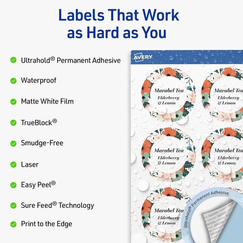 Avery Outdoor Waterproof Round Labels with Sure Feed Technology, 2" Diameter, White Film, Print-to-The-Edge, Compatible with Laser Printers, 120 Labels Total in Saudi Arabia