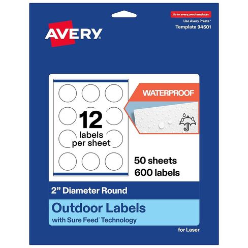 Avery Outdoor Waterproof Round Labels with Sure Feed Technology, 2" Diameter, White Film, Print-to-The-Edge, Compatible with Laser Printers, 120 Labels Total in Saudi Arabia