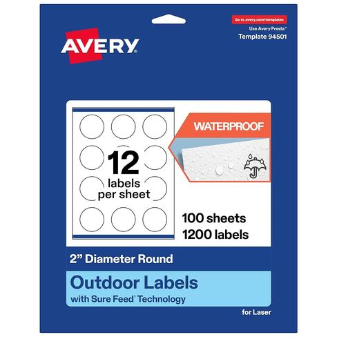 Avery Outdoor Waterproof Round Labels with Sure Feed Technology, 2" Diameter, White Film, Print-to-The-Edge, Compatible with Laser Printers, 120 Labels Total in Saudi Arabia