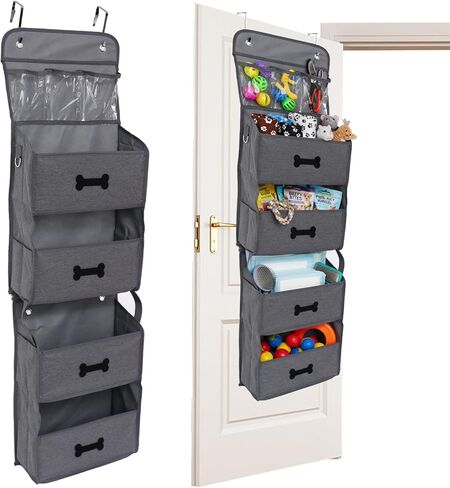 Dog Toy Basket 1 pack,5-Shelf Hanging Organizer for Dog Toys,Over Door Basket for Dogs with 2 Metal Hooks,5 Pockets Organizer for Dog Leash Harness Toys Treats-62.5''(height)-Bone Claw Print in Saudi Arabia