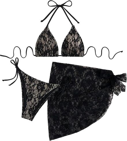 ملابس سباحة نسائية مكونة من 3 قطع بيكيني مثير من الدانتيل على شكل مثلث مع غطاء سارونج in Kuwait