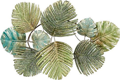Touch of Class Tropical Leaf Collage Metal Wall Art | Textured Green Palm Leaves with Gold Accents | Large 36.5 Inch Exotic Nature-Inspired Wall Sculpture in Saudi Arabia