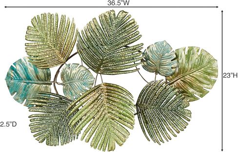 Touch of Class Tropical Leaf Collage Metal Wall Art | Textured Green Palm Leaves with Gold Accents | Large 36.5 Inch Exotic Nature-Inspired Wall Sculpture in Saudi Arabia