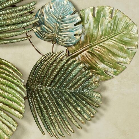 Touch of Class Tropical Leaf Collage Metal Wall Art | Textured Green Palm Leaves with Gold Accents | Large 36.5 Inch Exotic Nature-Inspired Wall Sculpture in Saudi Arabia