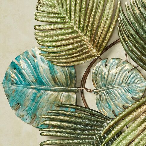 Touch of Class Tropical Leaf Collage Metal Wall Art | Textured Green Palm Leaves with Gold Accents | Large 36.5 Inch Exotic Nature-Inspired Wall Sculpture in Saudi Arabia