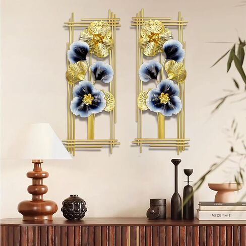 Metal 3D Wall Art Decor 2 Pcs 34" x 15" Wall Decor Handmade Green Leaf Flower Hanging Home Decor with Frame Wall Sculptures Modern for Living Room, Bedroom, Dining Room, Office and Hotel Large in Saudi Arabia