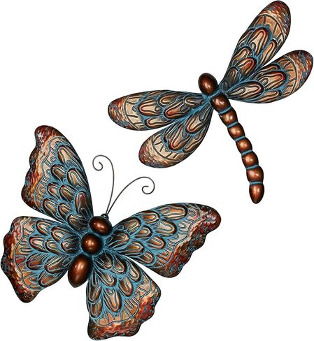 Summer Beauties Butterfly and Dragonfly Metal Wall Art Set of Two | Hand-Finished in Metallic Copper and Blue | Charming Garden-Inspired Wall Art Sculpture Set of 2 | Indoor or Covered Outdoor Use in Saudi Arabia