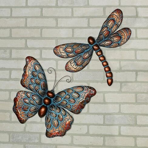 Summer Beauties Butterfly and Dragonfly Metal Wall Art Set of Two | Hand-Finished in Metallic Copper and Blue | Charming Garden-Inspired Wall Art Sculpture Set of 2 | Indoor or Covered Outdoor Use in Saudi Arabia