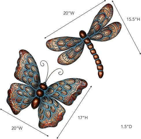 Summer Beauties Butterfly and Dragonfly Metal Wall Art Set of Two | Hand-Finished in Metallic Copper and Blue | Charming Garden-Inspired Wall Art Sculpture Set of 2 | Indoor or Covered Outdoor Use in Saudi Arabia