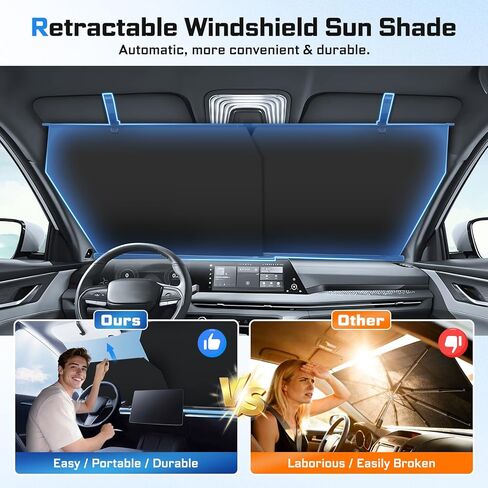 2026 Retractable Windshield Sun Shade Automatic Car Sunshade for Windshield, UV & Heat Protection, Keep Cool and Protect Interior, Adjustable Universal Fit for Car Trucks SUVs (Not for Large Trucks) in Kuwait