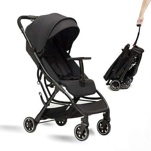 Lightweight Travel Stroller - Compact Umbrella Stroller for Airplane, One-Hand Folding Baby Stroller, Newborn Infant Stroller w/Adjustable Backrest/Footrest/Canopy/T-Shaped Bumper (Black) in Kuwait