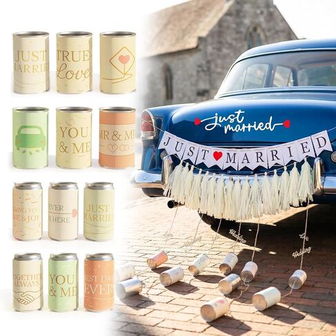 مجموعة ديكورات السيارة Just Married - مجموعة 15 قطعة لتزيين سيارة الزفاف مع 12 علبة من الصفيح لمصد السيارة واللافتة وملصقات النوافذ والشرابات - ملحقات سيارة الزفاف الرومانسية، لافتة Just Married للمركبة in Kuwait