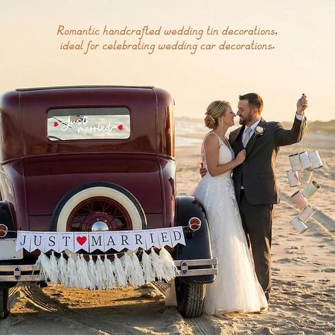 مجموعة ديكورات السيارة Just Married - مجموعة 15 قطعة لتزيين سيارة الزفاف مع 12 علبة من الصفيح لمصد السيارة واللافتة وملصقات النوافذ والشرابات - ملحقات سيارة الزفاف الرومانسية، لافتة Just Married للمركبة in Kuwait