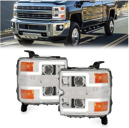 HECASA Projector Headlight Pair Compatible with 2015-2019 Chevy Chevrolet Silverado 2500 HD 3500 HD w/LED Tube DRL Front Headlamp Clear Lens Chrome Housing Replacement for GM2503416 GM2502416 in Saudi Arabia
