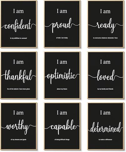 MJONG 9 Piece Inspirational Motivational Wall Art Prints – Unframed Black White Positive Affirmations for Office Classroom Bedroom Dorm or Teen Room Decor, Canvas‑Style Posters 8×10 inch in Saudi Arabia