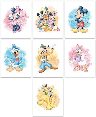 Nistio® Mickey Mouse and Friends Watercolor Prints, Mickey Mouse Wall Art Decor, Minnie Mouse Wall Prints, Set of 7, Donald Duck, Goofy, Pluto, Daisy Duck, 8x10 inches (Unframed) in Kuwait