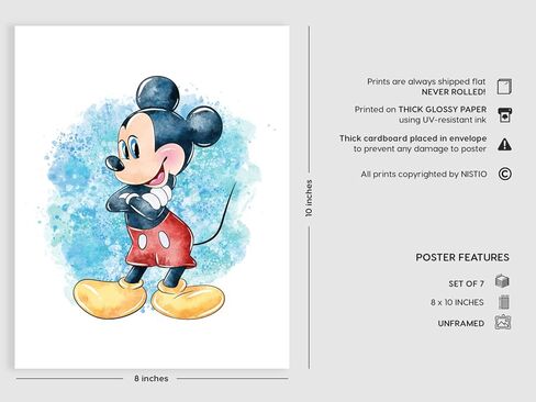 Nistio® Mickey Mouse and Friends Watercolor Prints, Mickey Mouse Wall Art Decor, Minnie Mouse Wall Prints, Set of 7, Donald Duck, Goofy, Pluto, Daisy Duck, 8x10 inches (Unframed) in Kuwait