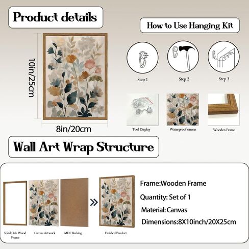 Framed Floral Bathroom Wall Art, Vintage Botanical Wall Decor, Watercolor Wildflower Canvas Prints Paintings Neutral Antique Flower Plant Pictures for Living Room Bedroom Bathroom 8x10 Inch in Saudi Arabia
