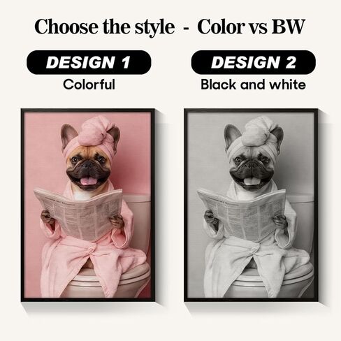 Custom Pet Portrait Canvas Wall Art, Personalized Pet Gift Print with Photo, Funny Dog in Bubble Bathtub, with Wine or Reading Newspaper on Toilet Poster, Colorful or Black White Customize Style in Saudi Arabia
