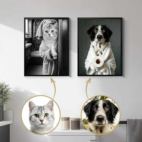Custom Pet Portrait Canvas Wall Art, Personalized Pet Gift Print with Photo, Funny Dog in Bubble Bathtub, with Wine or Reading Newspaper on Toilet Poster, Colorful or Black White Customize Style in Saudi Arabia